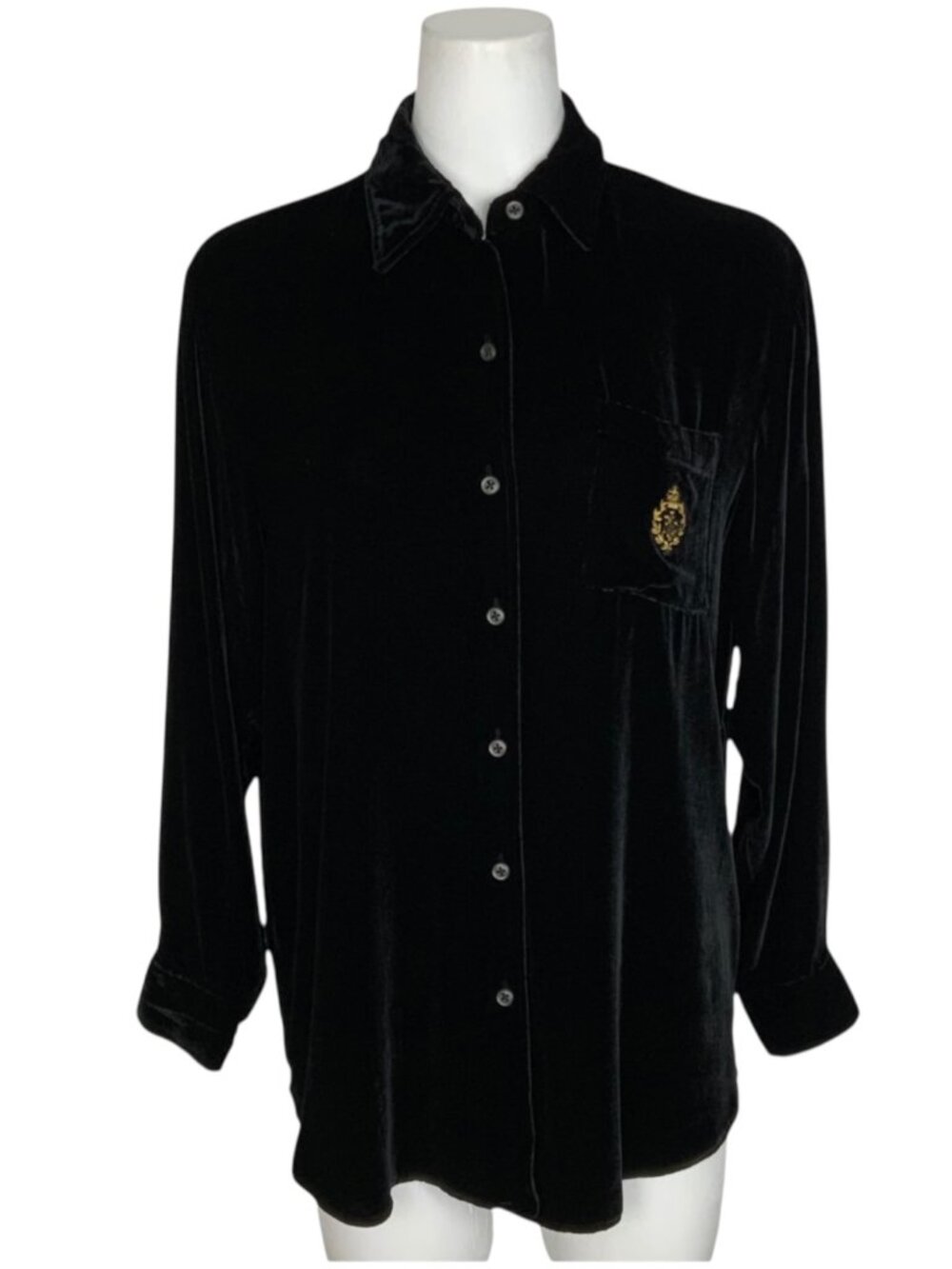 Lauren Ralph Lauren Crest Logo Velvet Shirt Petite PM Black